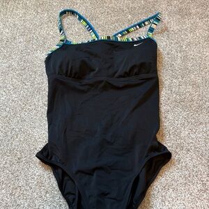 Nike Black One-Piece Swimsuit with Blue and Green Striped Trim